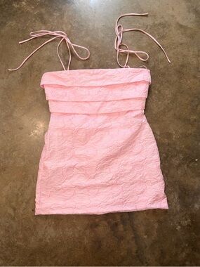 Sweet Pot Pink Preppy Jacquard Mini Dress Strapless Tie Shoulder Bodycon Size 10